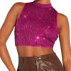 Floerns Women's Mock Neck Sleeveless Sequin Party Sparkly Crop Tank Tops Clubwear