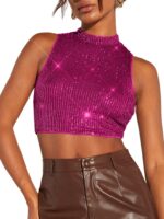 Floerns Women's Mock Neck Sleeveless Sequin Party Sparkly Crop Tank Tops Clubwear