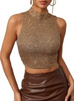 Floerns Women's Mock Neck Sleeveless Sequin Party Sparkly Crop Tank Tops Clubwear