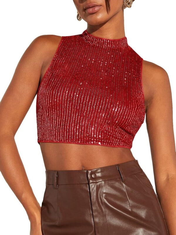 Floerns Women's Mock Neck Sleeveless Sequin Party Sparkly Crop Tank Tops Clubwear