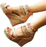 getmorebeauty Women's Wedge Sandals With Pearls Across The Top Platform Sandals High Heels