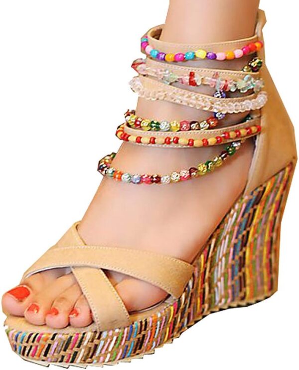 getmorebeauty Women's Wedge Sandals With Pearls Across The Top Platform Sandals High Heels