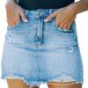 GOBLES Women's Sexy Mid Waist Zipper Closure Frayed Raw Hem Ripped Mini Denim Skirts