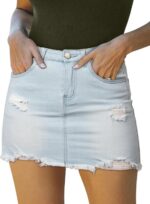 GOBLES Women's Sexy Mid Waist Zipper Closure Frayed Raw Hem Ripped Mini Denim Skirts