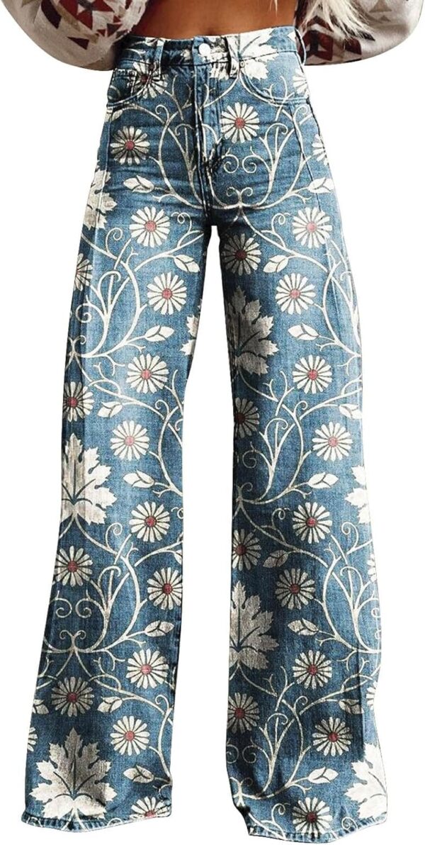 GOKKILRW Wide Leg Pants Woman High Waist Floral Patterned Pants Lightweight Loose Fit Casual Colorful Trouser Imitation Jeans