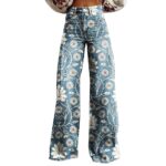 GOKKILRW Wide Leg Pants Woman High Waist Floral Patterned Pants Lightweight Loose Fit Casual Colorful Trouser Imitation Jeans