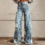 GOKKILRW Wide Leg Pants Woman High Waist Floral Patterned Pants Lightweight Loose Fit Casual Colorful Trouser Imitation Jeans