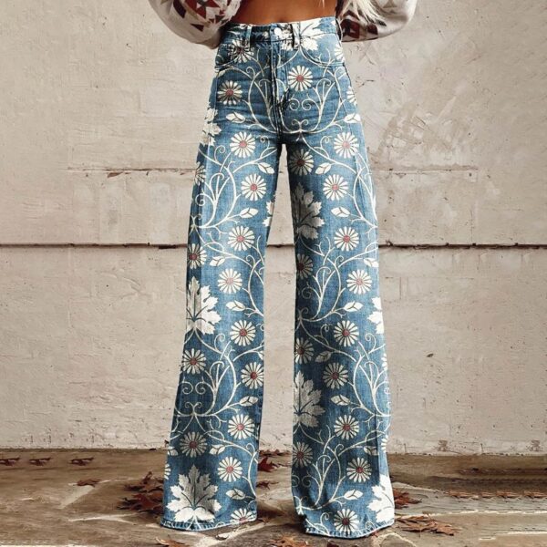 GOKKILRW Wide Leg Pants Woman High Waist Floral Patterned Pants Lightweight Loose Fit Casual Colorful Trouser Imitation Jeans