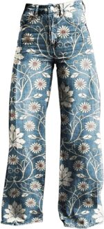 GOKKILRW Wide Leg Pants Woman High Waist Floral Patterned Pants Lightweight Loose Fit Casual Colorful Trouser Imitation Jeans