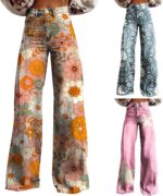 GOKKILRW Wide Leg Pants Woman High Waist Floral Patterned Pants Lightweight Loose Fit Casual Colorful Trouser Imitation Jeans