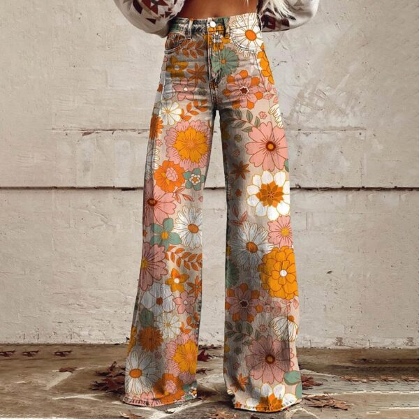 GOKKILRW Wide Leg Pants Woman High Waist Floral Patterned Pants Lightweight Loose Fit Casual Colorful Trouser Imitation Jeans