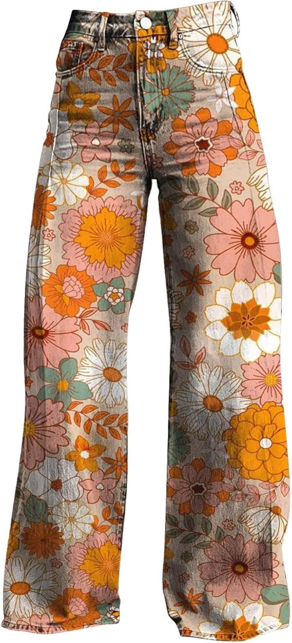 GOKKILRW Wide Leg Pants Woman High Waist Floral Patterned Pants Lightweight Loose Fit Casual Colorful Trouser Imitation Jeans