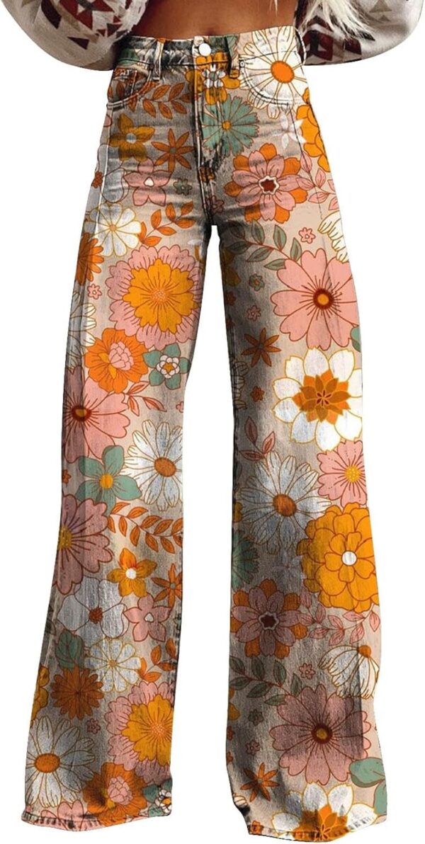 GOKKILRW Wide Leg Pants Woman High Waist Floral Patterned Pants Lightweight Loose Fit Casual Colorful Trouser Imitation Jeans