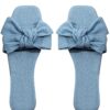 GORGLITTER Women's Bow Decor Single Band Denim Flat Sandals Square Open Toe Solid Slide Shoes