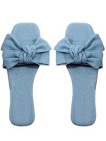 GORGLITTER Women's Bow Decor Single Band Denim Flat Sandals Square Open Toe Solid Slide Shoes