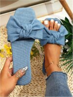 GORGLITTER Women's Bow Decor Single Band Denim Flat Sandals Square Open Toe Solid Slide Shoes