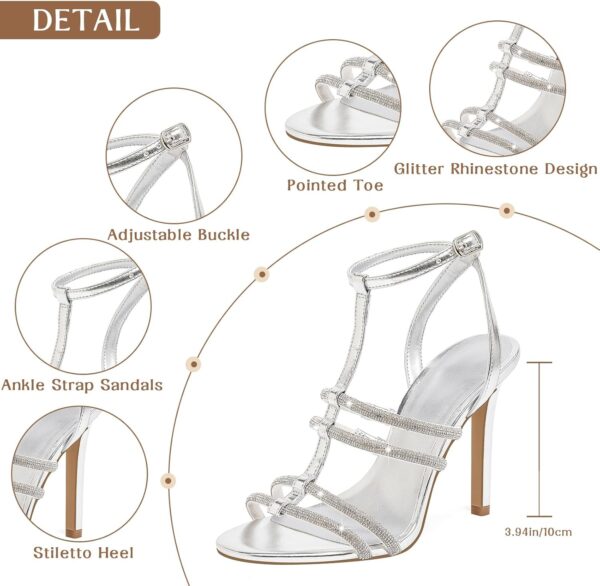 GOSERCE Gold Silver Sandals for Women Dressy Sparkly Rhinestone Sandals High Heeled Ankle Strap Heels Peep Open Pointed Toe Stiletto Comfortable Bride Wedding Dress Prom Party