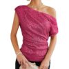 GRACE KARIN One Shoulder Sequin Sparkly Tops for Women Ruched Asymmetrical Glitter Tops Slimming Sparkle Party Shirts