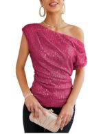 GRACE KARIN One Shoulder Sequin Sparkly Tops for Women Ruched Asymmetrical Glitter Tops Slimming Sparkle Party Shirts