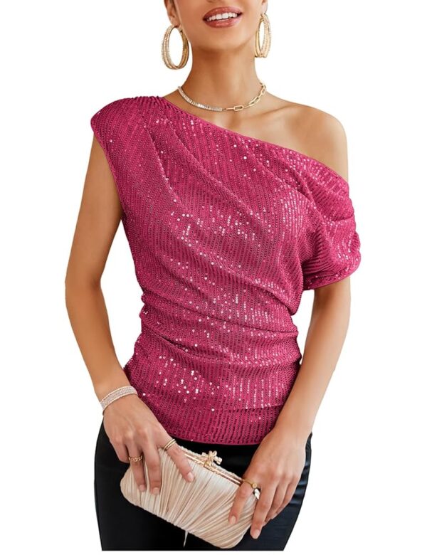 GRACE KARIN One Shoulder Sequin Sparkly Tops for Women Ruched Asymmetrical Glitter Tops Slimming Sparkle Party Shirts