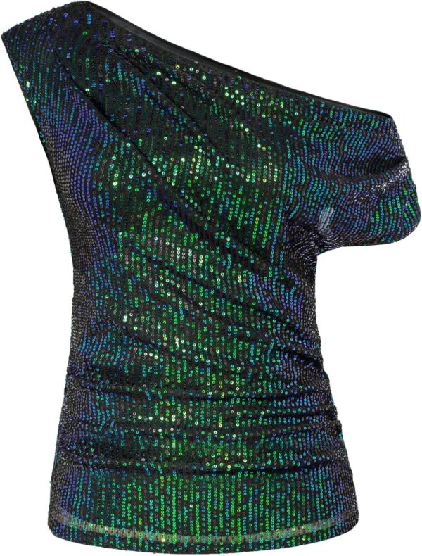 GRACE KARIN One Shoulder Sequin Sparkly Tops for Women Ruched Asymmetrical Glitter Tops Slimming Sparkle Party Shirts