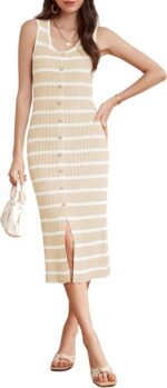 GRACE KARIN Womens 2024 Summer Striped Dress Sleeveless Knitted Midi Bodycon Dresses Tank Ribbed Sweater Beach Dress