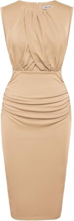 GRACE KARIN Women's Ruched Bodycon Dress Summer Sleeveless Front Drape Patchwork Crew Neck Midi Cocktail Dress