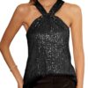 GRACE KARIN Women's Sequin Sparkle Tank Tops Halter Neck Keyhole Knot Slim Fit Cocktail Tops