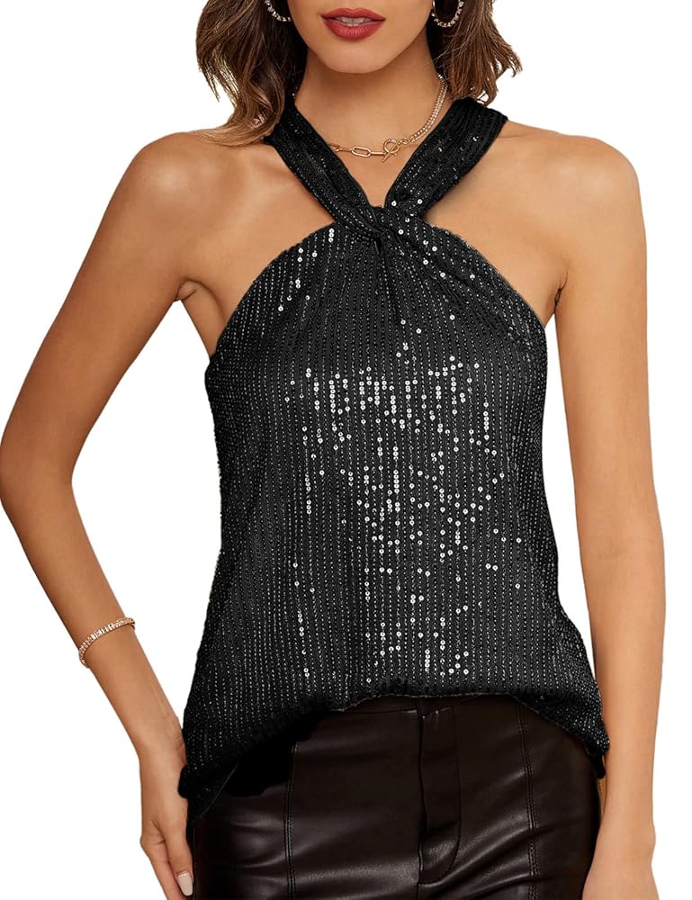 GRACE KARIN Women's Sequin Sparkle Tank Tops Halter Neck Keyhole Knot Slim Fit Cocktail Tops