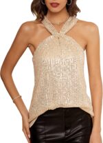 GRACE KARIN Women's Sequin Sparkle Tank Tops Halter Neck Keyhole Knot Slim Fit Cocktail Tops