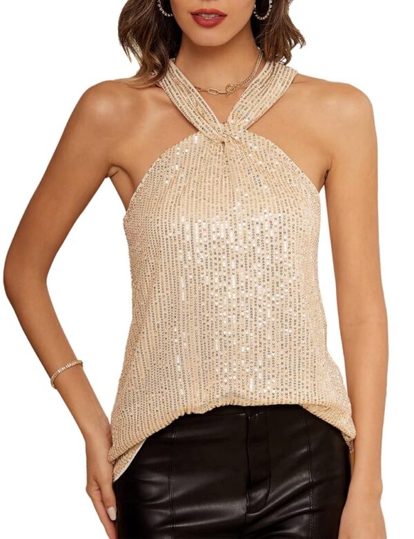 GRACE KARIN Women's Sequin Sparkle Tank Tops Halter Neck Keyhole Knot Slim Fit Cocktail Tops