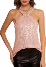 GRACE KARIN Women's Sequin Sparkle Tank Tops Halter Neck Keyhole Knot Slim Fit Cocktail Tops