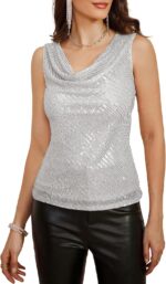 GRACE KARIN Women's Sleeveless Cowl Neck Sequin Tank Tops Sparkly Club Party Shirts Drape Neck Glitter Cocktail Blouses