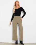 GRAPENT Corduroy Wide Leg Pants Woman High Waisted Fall Business Casual Elastic Waist Loose Trendy Trousers with Pockets