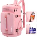 Gym Bag for Women, Sports Duffle Backpack with Shoes Compartment, Overnight Travel Weekender Bag Carry On Backpack with Side Zippered Dry Wet Separated Bag Pink