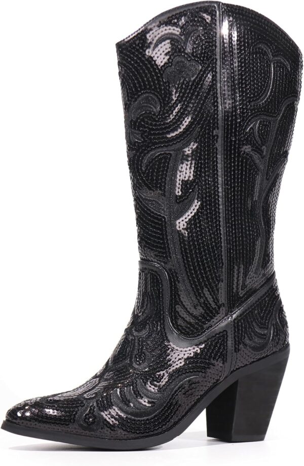 Hawkwell Women's Sequin Mid Calf Western Cowboy Boots High Fashion Pull On Zipper Pointed Toe Embroidered Tall Cowgirl Boots