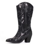 Hawkwell Women's Sequin Mid Calf Western Cowboy Boots High Fashion Pull On Zipper Pointed Toe Embroidered Tall Cowgirl Boots