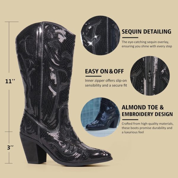 Hawkwell Women's Sequin Mid Calf Western Cowboy Boots High Fashion Pull On Zipper Pointed Toe Embroidered Tall Cowgirl Boots