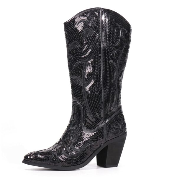 Hawkwell Women's Sequin Mid Calf Western Cowboy Boots High Fashion Pull On Zipper Pointed Toe Embroidered Tall Cowgirl Boots