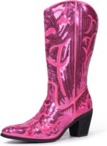 Hawkwell Women's Sequin Mid Calf Western Cowboy Boots High Fashion Pull On Zipper Pointed Toe Embroidered Tall Cowgirl Boots