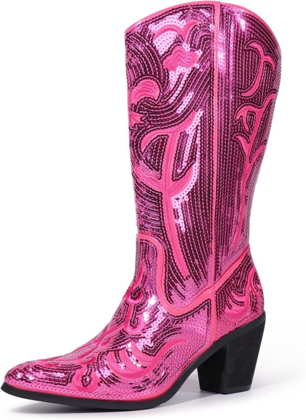 Hawkwell Women's Sequin Mid Calf Western Cowboy Boots High Fashion Pull On Zipper Pointed Toe Embroidered Tall Cowgirl Boots