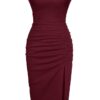 IHOT 2024 Women's Mock Neck Side Slit Ruched Bodycon Cocktail Party Wedding Guest Midi Dress