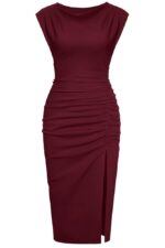 IHOT 2024 Women's Mock Neck Side Slit Ruched Bodycon Cocktail Party Wedding Guest Midi Dress