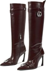 ISNOM Knee High Boots Women Tall Boots Pointed Toe Stiletto High Heel Metal Buckle Side Zipper Wide Calf Long Boots for Women Sexy Fashion Party