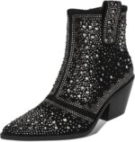 ISNOM Rhinestone Cowboy Boots Sparkly Ankle Boots with Pointed Toe and Chunky Heel Design