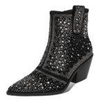 ISNOM Rhinestone Cowboy Boots Sparkly Ankle Boots with Pointed Toe and Chunky Heel Design