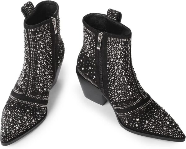 ISNOM Rhinestone Cowboy Boots Sparkly Ankle Boots with Pointed Toe and Chunky Heel Design