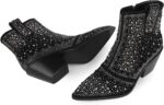 ISNOM Rhinestone Cowboy Boots Sparkly Ankle Boots with Pointed Toe and Chunky Heel Design