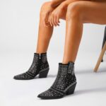 ISNOM Rhinestone Cowboy Boots Sparkly Ankle Boots with Pointed Toe and Chunky Heel Design