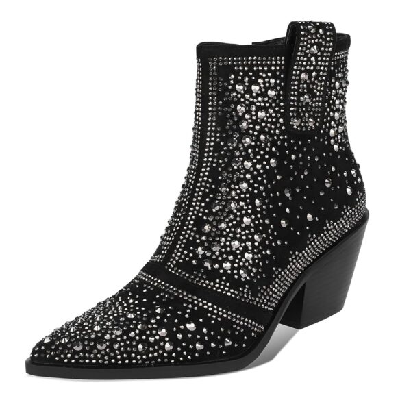 ISNOM Rhinestone Cowboy Boots Sparkly Ankle Boots with Pointed Toe and Chunky Heel Design